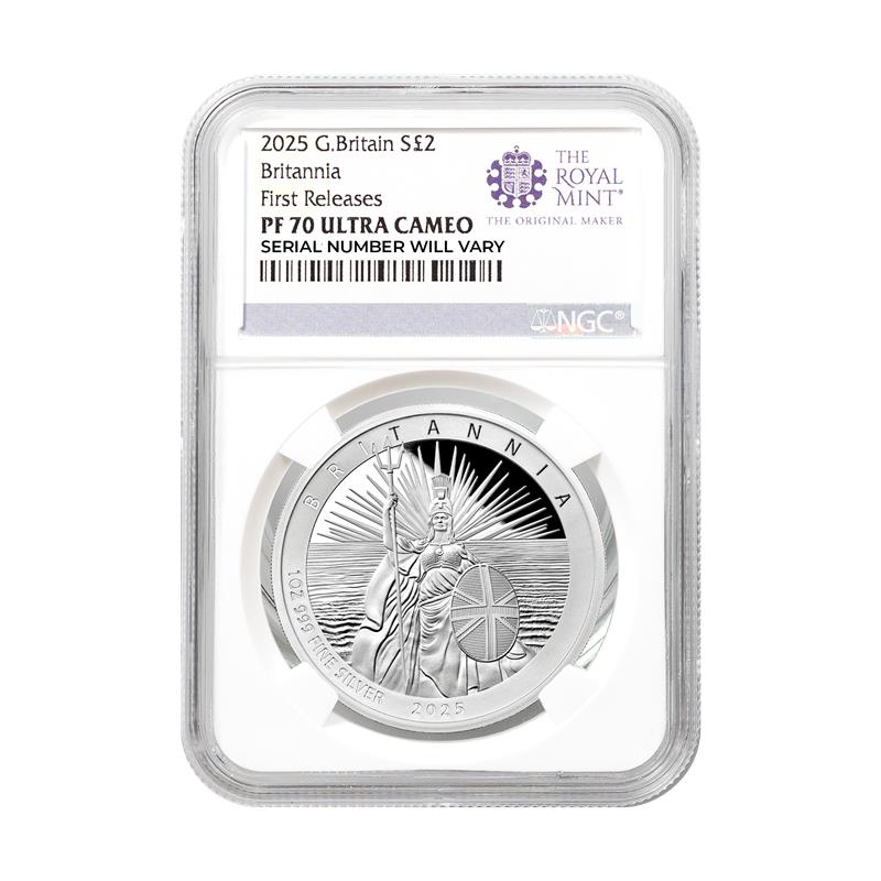 2025 Great Britain Britannia Proof 1 oz Silver Coin - Royal Mint Label - NGC PF 70 UCAM FR - CoinsTV