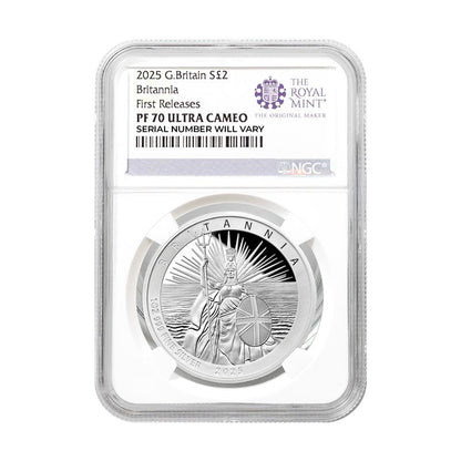 2025 Great Britain Britannia Proof 1 oz Silver Coin - Royal Mint Label - NGC PF 70 UCAM FR - CoinsTV
