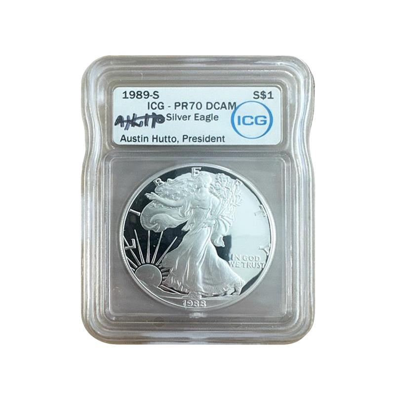 1989-S Silver Eagle - Austin Hutto Signature Label - ICG PR70 DCAM - CoinsTV