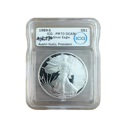 1989-S Silver Eagle - Austin Hutto Signature Label - ICG PR70 DCAM - CoinsTV