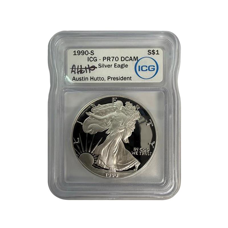 1990-S Silver Eagle - Austin Hutto Signature Label - ICG PR70 DCAM - CoinsTV