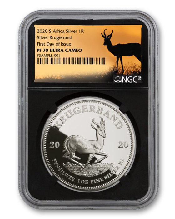2020 1 oz Krugerrand Silver NGC PF70 UC FDOI Black Core & Springbok Label - CoinsTV