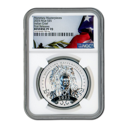 2025 Monetary Masterpieces Fiji 1 oz Silver – Indian Chief Flag Label - NGC 70 FR
