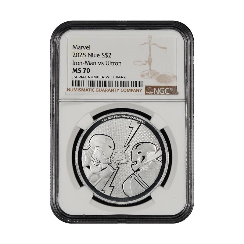 2025 Niue $2 Marvel Iron-Man vs Ultron 1 oz Silver - NGC MS70 - CoinsTV