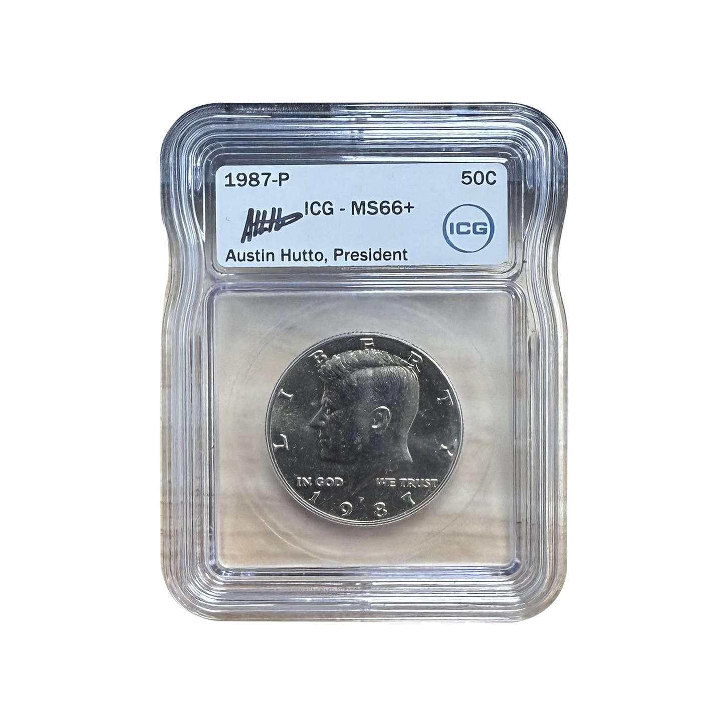1987-P Kennedy Silver Half Dollar - Austin Hutto Signature - ICG MS66+