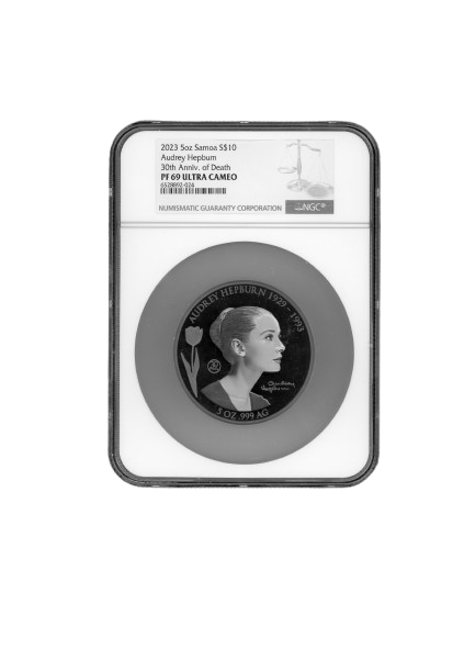 2023 Samoa Audrey Hepburn 5 oz Silver Coin - NGC PF69 - CoinsTV