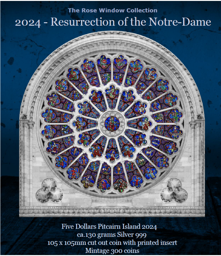 2024 Pitcairn Islands Notre Dame Rose Window 175g Silver Coin