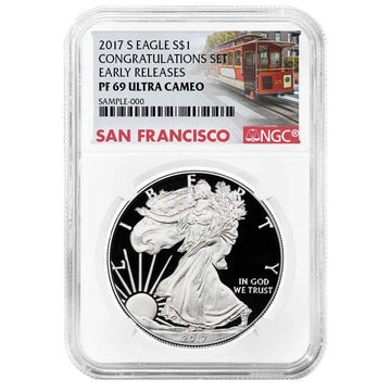 2017-S Silver Eagle Congratulations Set - NGC PF69UC Trolley ER - CoinsTV