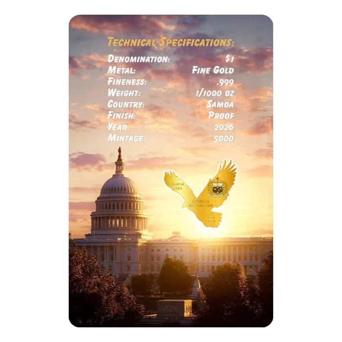 2026 Samoa Bald Eagle 1/1000 oz Gold Coin in Card - CoinsTV