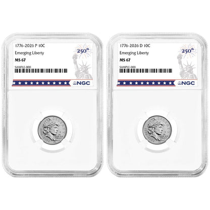 2026 Emerging Liberty Semiquincentennial Dime 2pc Set - NGC MS67 250th Statue Label