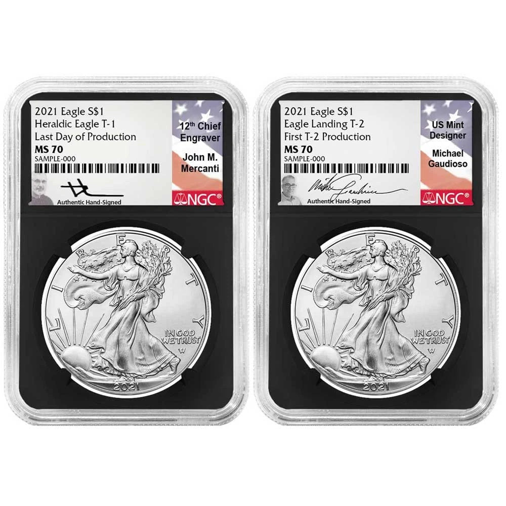 2021 Silver Eagle T1 and T2 Set Last Day & First Day Production - NGC MS70 Black Label Mercanti & Gaudioso Signed