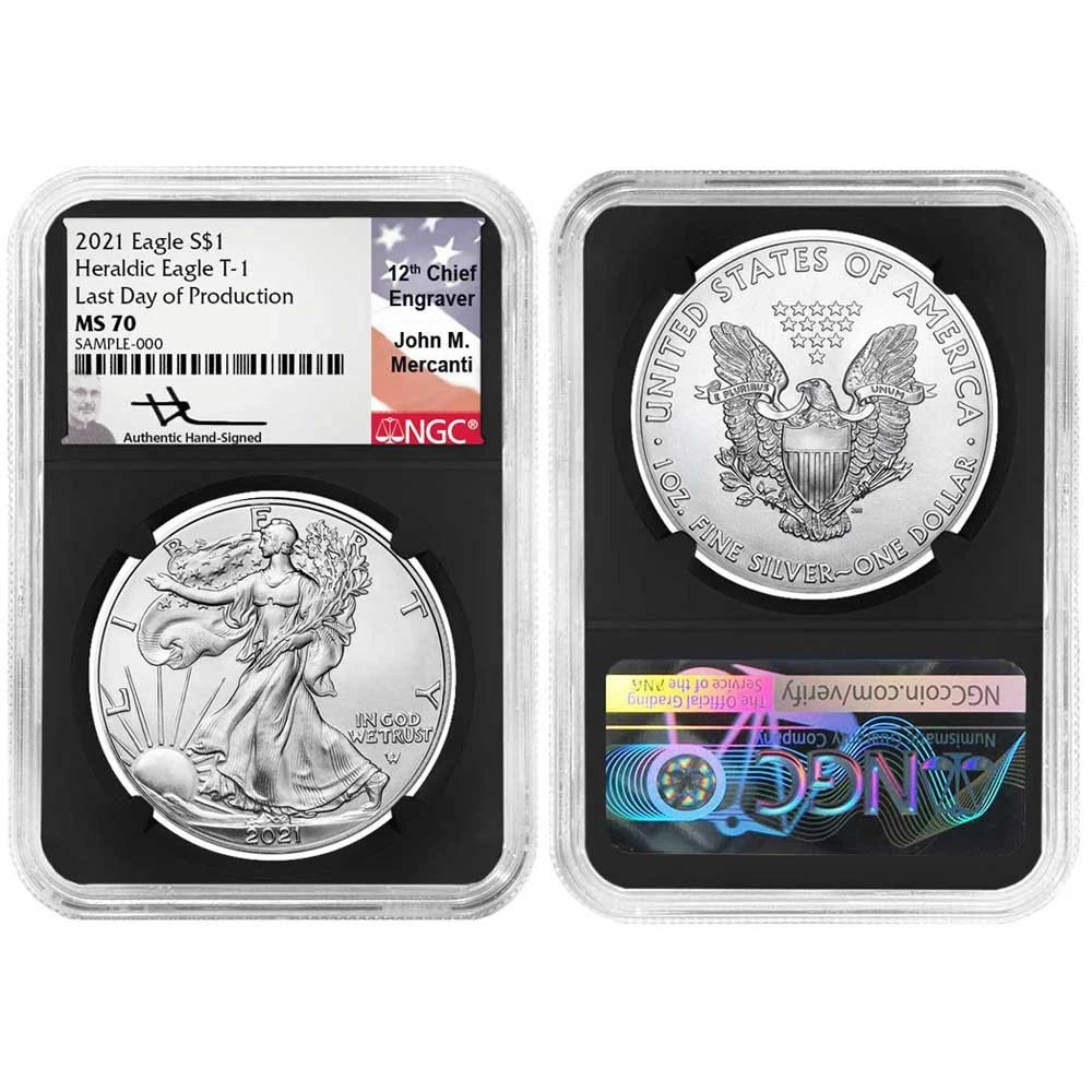2021 Silver Eagle T1 and T2 Set Last Day & First Day Production - NGC MS70 Black Label Mercanti & Gaudioso Signed