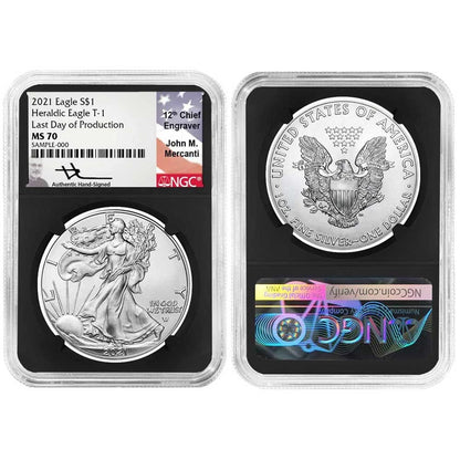 2021 Silver Eagle T1 and T2 Set Last Day & First Day Production - NGC MS70 Black Label Mercanti & Gaudioso Signed