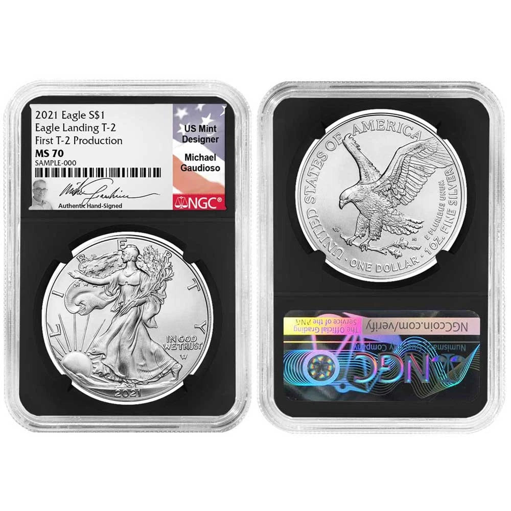 2021 Silver Eagle T1 and T2 Set Last Day & First Day Production - NGC MS70 Black Label Mercanti & Gaudioso Signed