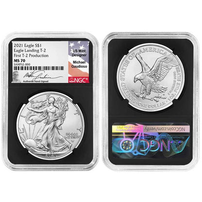 2021 Silver Eagle T1 and T2 Set Last Day & First Day Production - NGC MS70 Black Label Mercanti & Gaudioso Signed