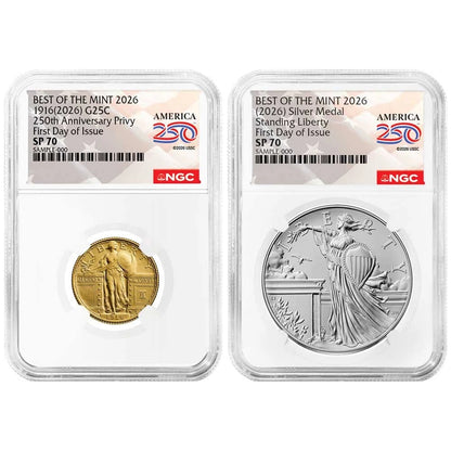 2026 Best of the Mint Gold Standing Liberty Quarter Dollar and Silver Medal 2pc Set NGC SP70 FDI 250th Label
