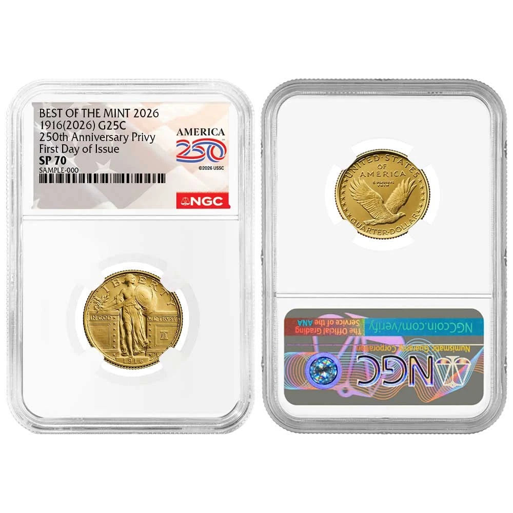 2026 Best of the Mint Gold Standing Liberty Quarter Dollar and Silver Medal 2pc Set NGC SP70 FDI 250th Label
