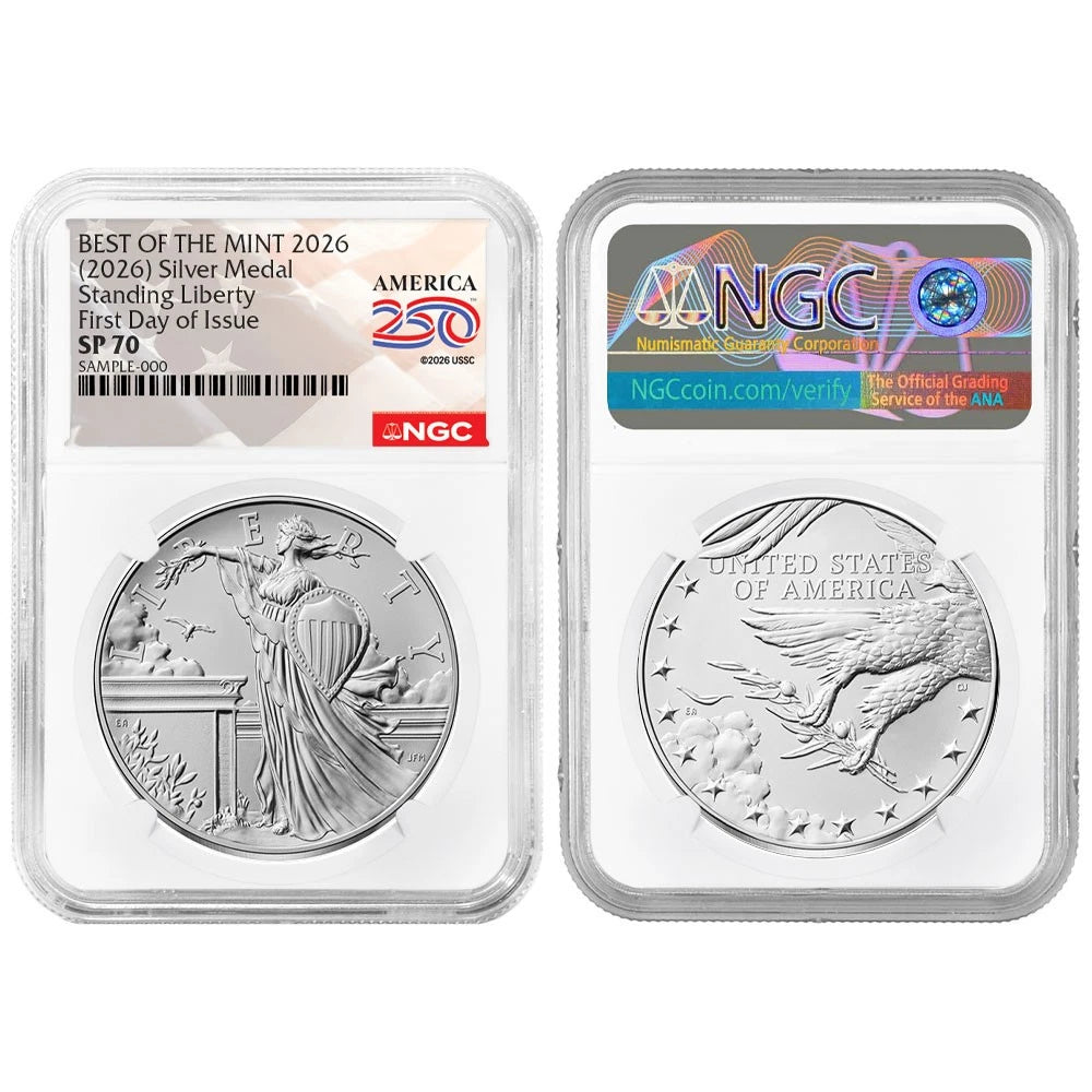 2026 Best of the Mint Gold Standing Liberty Quarter Dollar and Silver Medal 2pc Set NGC SP70 FDI 250th Label