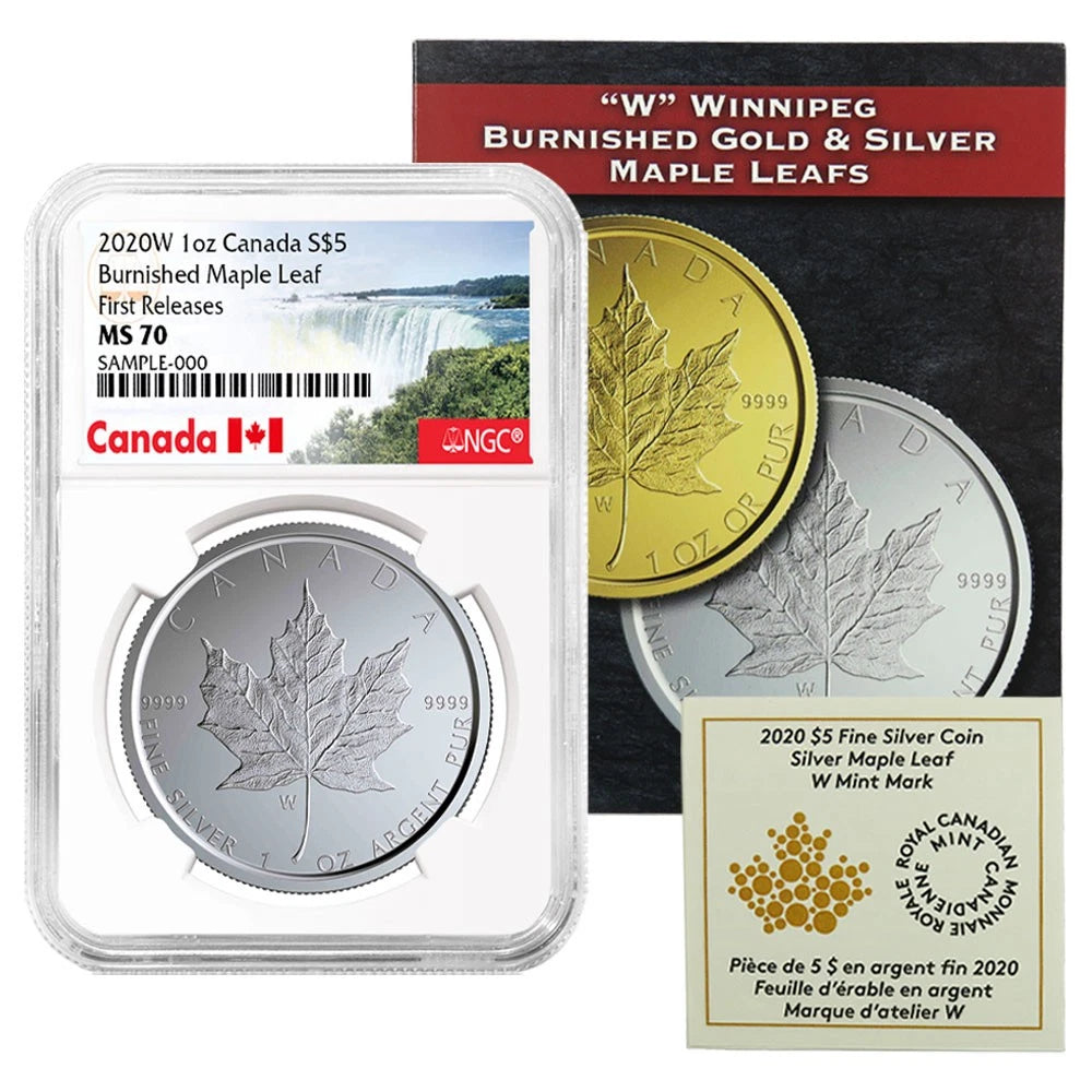 2020-W $5 Burnished Canadian Maple Leaf 1 Troy oz .9999 Fine Silver - NGC MS70