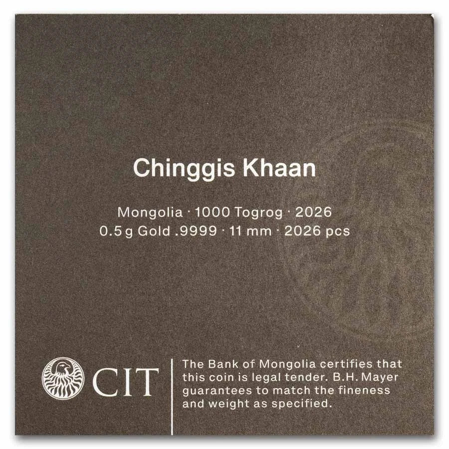 2026 Mongolia Chinggis Khaan 1/2 Gram Gold Proof Coin