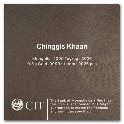 2026 Mongolia Chinggis Khaan 1/2 Gram Gold Proof Coin