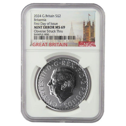 2024 Great Britain Britannia King Charles lll - Obverse Struck Thru Mint Error - 1 oz Silver NGC MS69 FDOI - CoinsTV