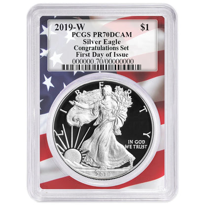 2019-W Silver Eagle - Congratulations Set - PCGS PR70DCAM FDOI Flag Frame - CoinsTV