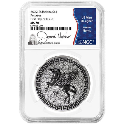 2022 St. Helena Silver Pegasus - NGC MS70 FDI Jennie Norris Signature - CoinsTV