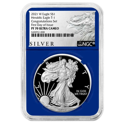 2021-W Silver Eagle Heraldic Eagle Type 1 - Congratulations Set - NGC PF70UC FDI Liberty Label Blue Holder