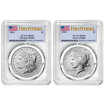 2024 Morgan and Peace Silver Dollar 2pc Set - PCGS MS69 FS Flag Label