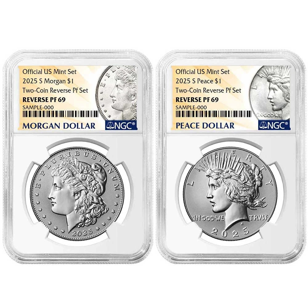 2025-S Reverse Proof Morgan and Peace Silver Dollar 2pc Set - NGC PF69 Morgan and Peace Label
