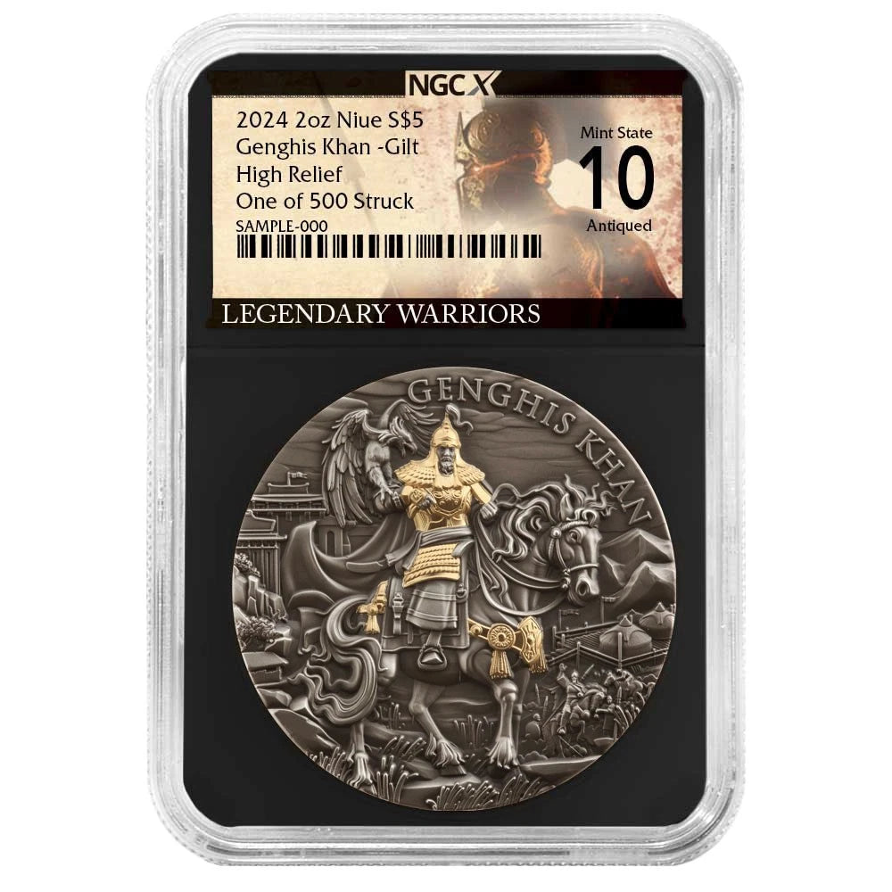 2024 Genghis Khan 2 oz High Relief Silver Antiqued & Gold Gilded - NGCX MS10 - CoinsTV