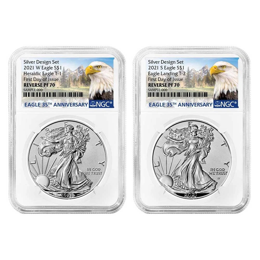 2021 Silver Eagle Designer 35th Anniversary Label Reverse Proof 2pc Set - NGC PF70 FDI - CoinsTV