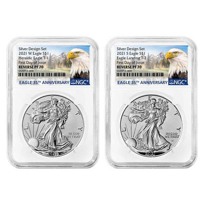 2021 Silver Eagle Designer 35th Anniversary Label Reverse Proof 2pc Set - NGC PF70 FDI - CoinsTV
