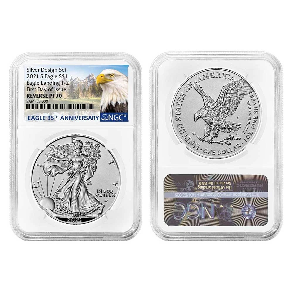 2021 Silver Eagle Designer 35th Anniversary Label Reverse Proof 2pc Set - NGC PF70 FDI - CoinsTV