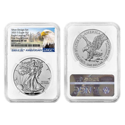 2021 Silver Eagle Designer 35th Anniversary Label Reverse Proof 2pc Set - NGC PF70 FDI - CoinsTV