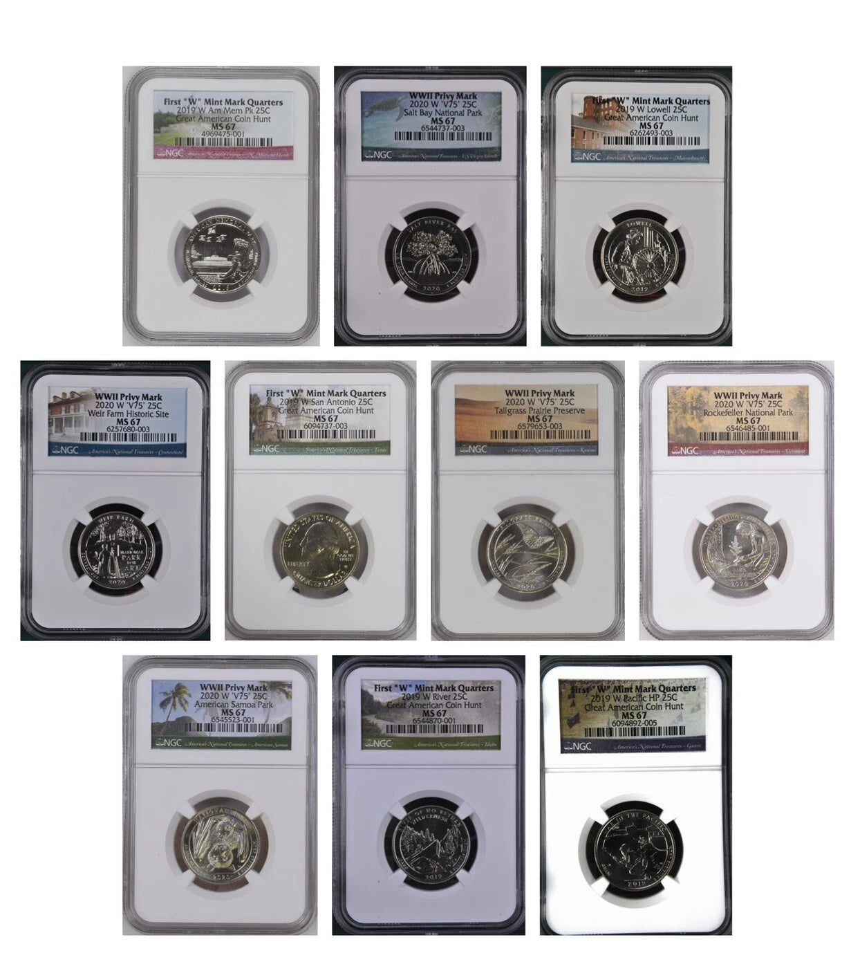 2019 First "W" & 2020 WWII Privy Mark West Point Quarters NGC MS 67 - Set of 10 - CoinsTV