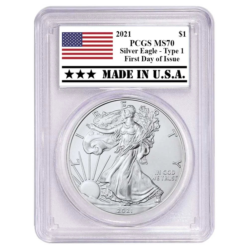 2021 Silver Eagle - Made in USA Label - PCGS MS70 FDOI White Frame