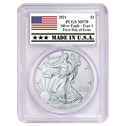 2021 Silver Eagle - Made in USA Label - PCGS MS70 FDOI White Frame