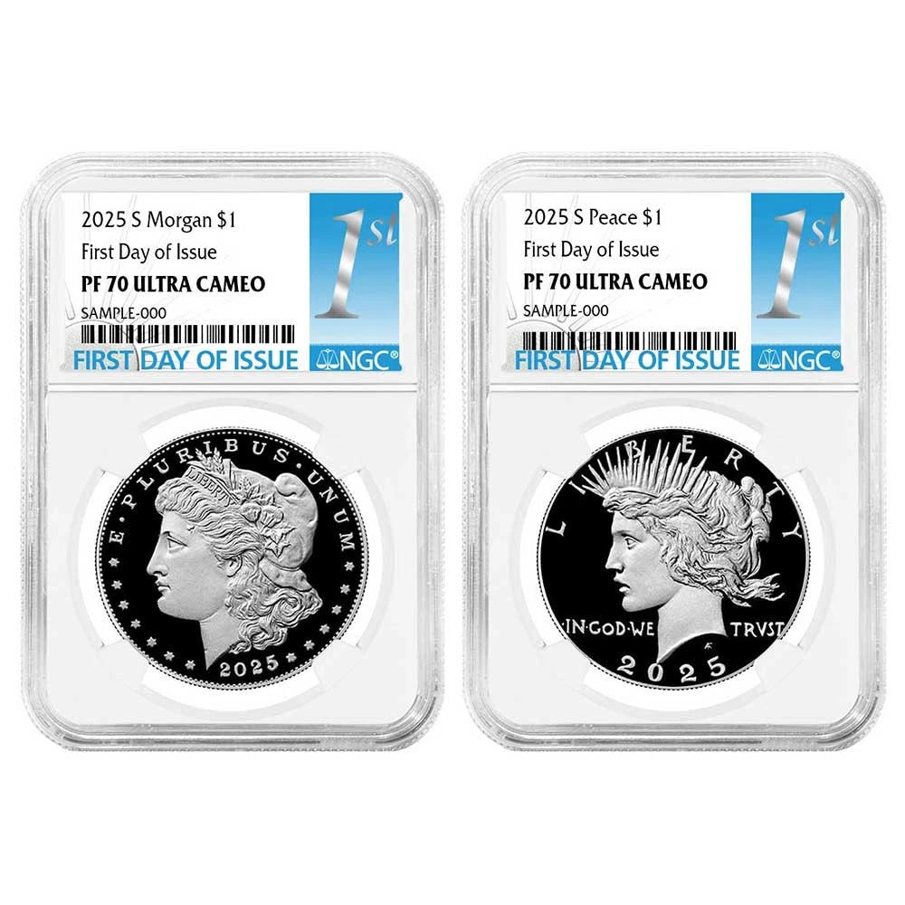 2025-S Morgan and Peace Silver Dollar 2pc Set - First Label - NGC PF70UC FDI - CoinsTV