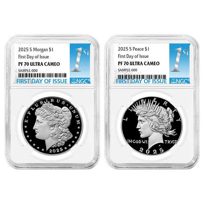 2025-S Morgan and Peace Silver Dollar 2pc Set - First Label - NGC PF70UC FDI - CoinsTV