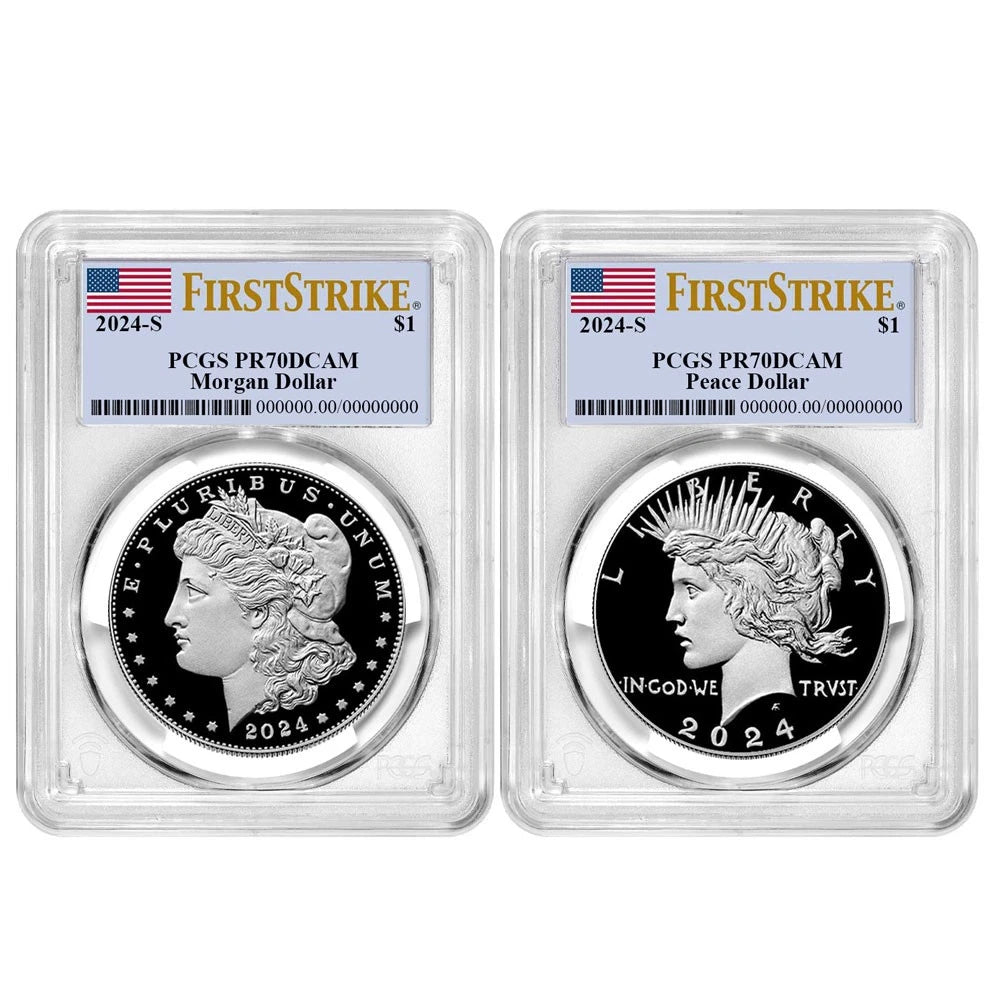 2024-S Morgan and Peace Silver Dollar 2pc Set - PCGS PR70DCAM FS Flag Label - CoinsTV