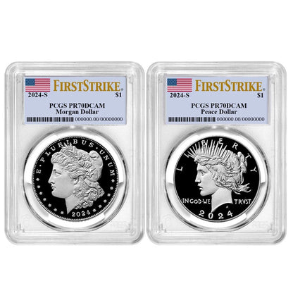 2024-S Morgan and Peace Silver Dollar 2pc Set - PCGS PR70DCAM FS Flag Label - CoinsTV