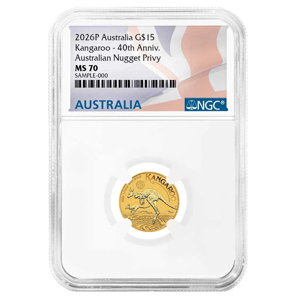 2026-P Australia Gold Kangaroo 1/10 oz 40th Anniv Nugget Privy - NGC MS70 Australia Label - CoinsTV