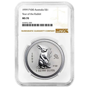 1999-P Australia Year of the Rabbit .999 1 oz Silver - NGC MS70 Brown Label - CoinsTV