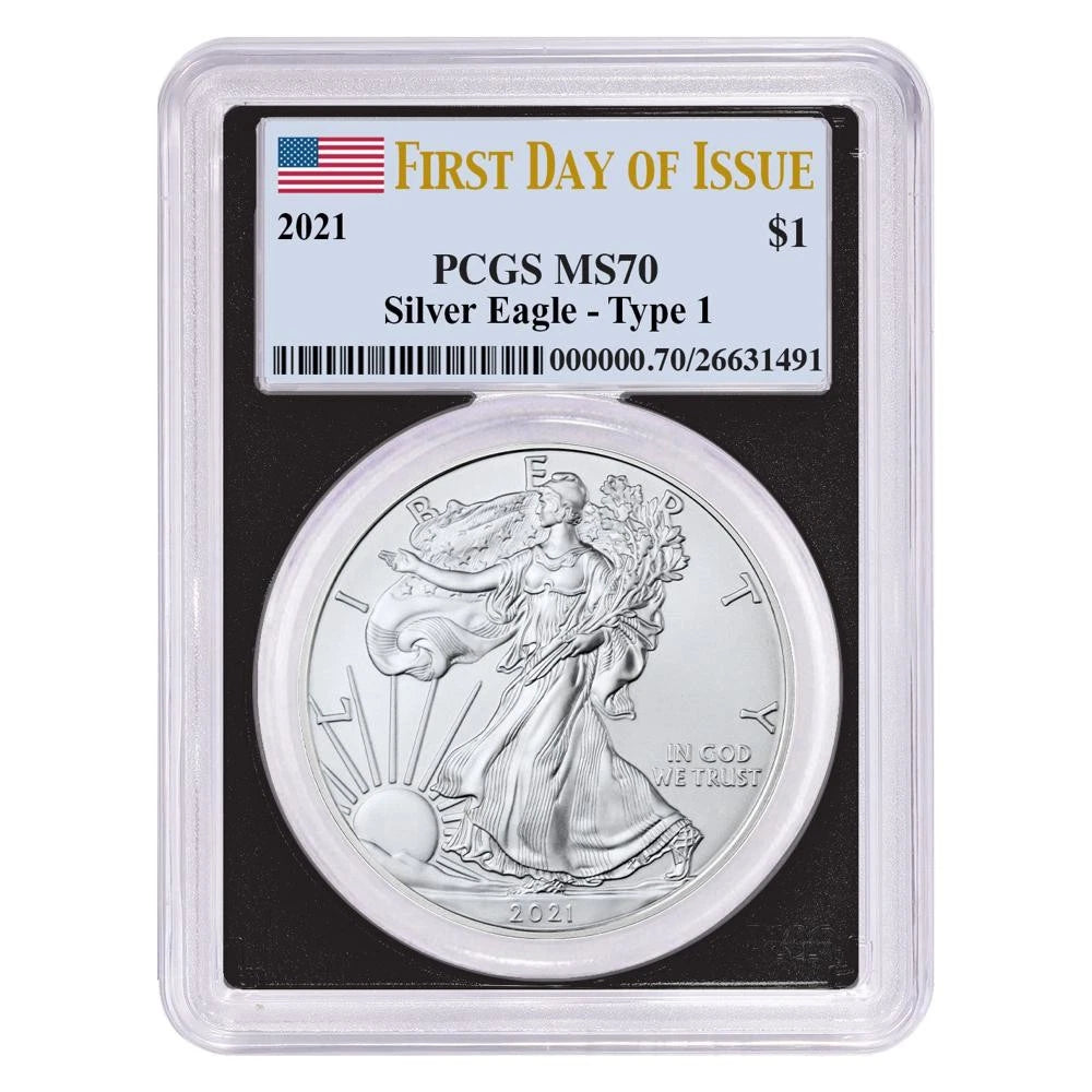 2021 Silver Eagle Type 1 - PCGS MS70 FDI Flag Label Black Frame