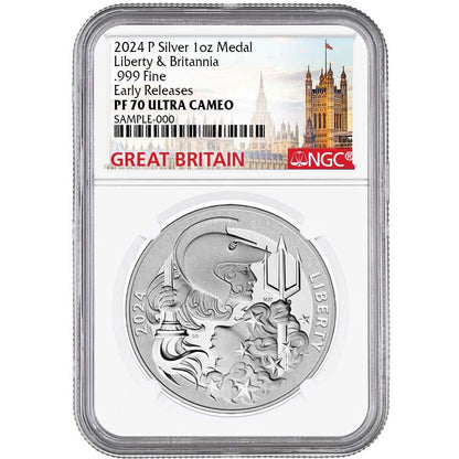 2024-P Proof Liberty & Britannia 1 oz Silver Medal - NGC PF70UC ER Great Britain Label