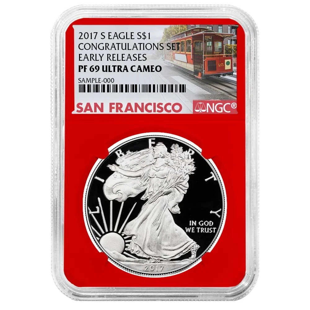 2017-S Silver Eagle Congratulations Set - NGC PF69UC Trolley ER Red Frame - CoinsTV
