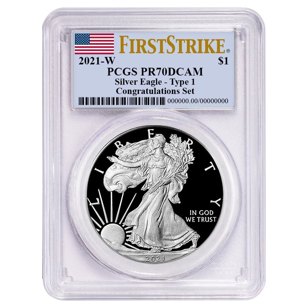 2021-W Silver Eagle Type 1 - Congratulations Set - PCGS PR70DCAM First Strike Label - CoinsTV