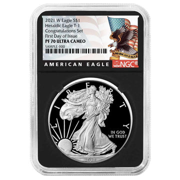 2021-W Silver Eagle Heraldic Eagle Type 1 - Congratulations Set - NGC PF70UC FDI Eagle Label Black Holder